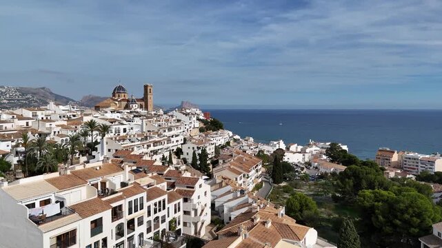 Altea old town aerial view white houses and Mediterranean Sea
