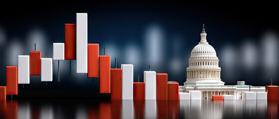 US Capitol building with red stock market charts showing financial distress against a dark blue and black background