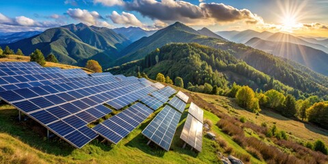 Solar Panels on Mountain Field During Sunrise in Scenic Landscape
