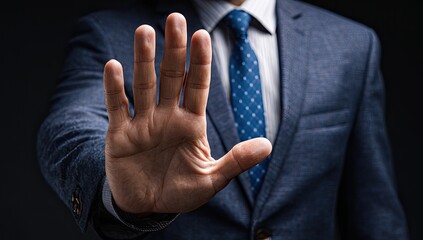 Obraz premium Close-up view of a person in a suit, raising hand to show stop gesture, focus on hand