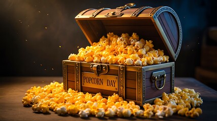 Golden popcorn treasure chest cinematic snack concept
