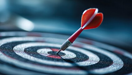 Close-up of a dart embedded in the bullseye of a target, signifying accuracy