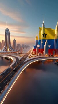 Futuristic symbolic video illustrating potential future pathways between America and Venezuela through light bridges and modern cityscapes. Suitable for hope, reform, and international cooperation nar