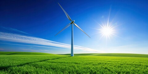 Obraz premium Bright Sunny Day with Wind Turbine in Green Field Landscape