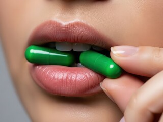 Woman taking green capsule oral medication