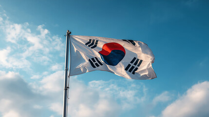 South Korea National Flag Waving in the Wind Against Bright Blue Sky with Sunlight, Symbol of East Asian Identity, Freedom, Democracy and National Pride