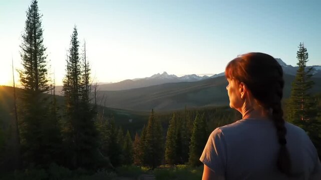 Woman appreciating mountain view at sunset with trees and sunlight