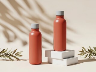 Two orange bottles on white pedestals with leaves around them