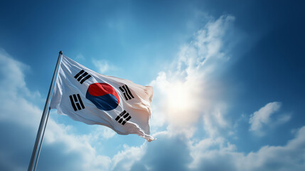 South Korea National Flag Waving in the Wind Against Bright Blue Sky with Sunlight, Symbol of East Asian Identity, Freedom, Democracy and National Pride