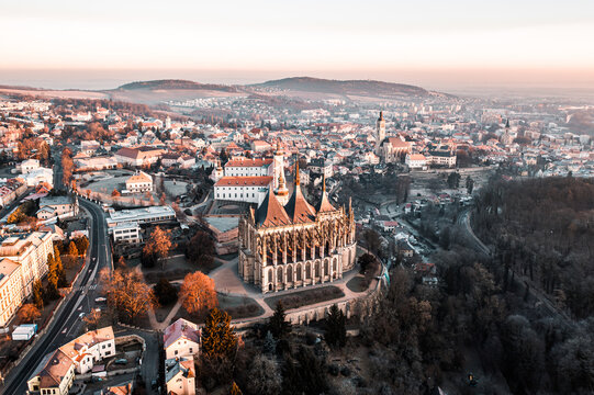 Aerial Sunrise View of Jesuit Monastery and St. Barbara's Church in Kutna Hora, Czech Republic