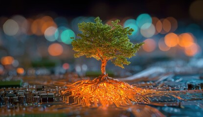 A verdant tree grows from an illuminated circuit board, blurred lights in the backdrop