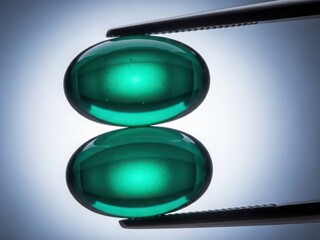 Luxurious emerald gemstones held by tweezers against a gradient background