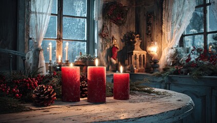 Cozy interior scene with glowing red candles, lit windows, and winter decorations