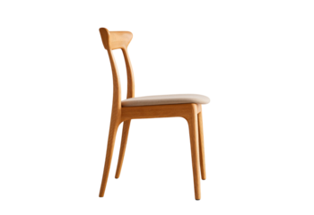 Light wood dining chair with upholstered seat and curved back isolated on a transparent background furniture