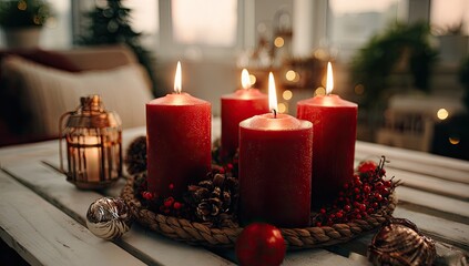 Close-up of four burning red candles on a rustic table during the holiday season