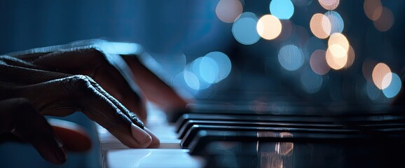 Close-up of a hand playing piano, with bokeh lights in the background, creating a soft ambience