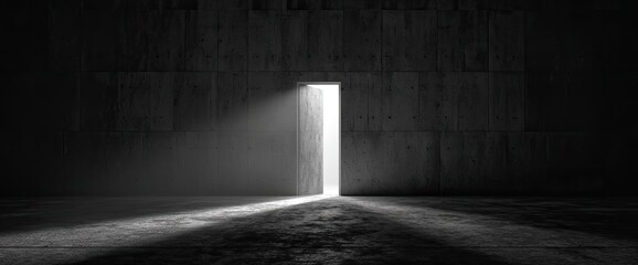 A dark interior featuring a bright, open doorway with light shining into the space