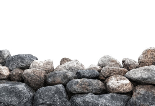 Stacked rough textured natural stones forming a wall element isolated on a transparent background rock