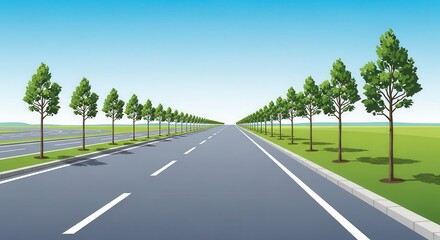 Fototapeta premium Straight roadway extends toward the horizon flanked by orderly rows of tall green trees under a clear blue sky
