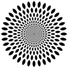 Circle vector halftone pattern of ovals decreasing towards the center. Fading particles, a black and white mandala. Gradient transition lattice