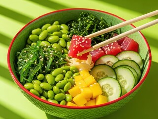 Healthy poke bowl with edamame and tuna