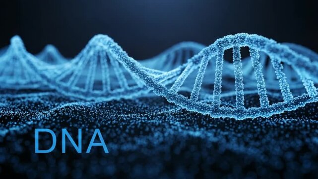 Blue dna double helix structure on dark background with particles