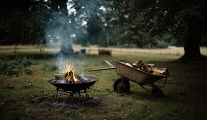 Outdoor campfire with smoke rising, next to a rusty wheelbarrow filled with firewood
