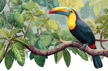 A colorful toucan perches on a branch surrounded by lush green foliage, bright and vibrant