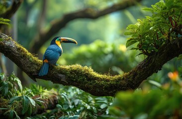 A vibrant toucan, perched elegantly on a moss-covered branch in a lush, green forest setting