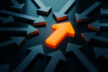 Bright orange arrow stands out from a group of dark arrows pointing inwards symbolizing leadership and unique