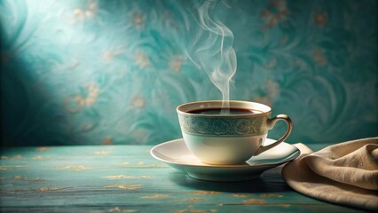 Fototapeta premium Aromatic Steam Rising From a Vintage Teacup Filled With Dark Brew on a Rustic Table