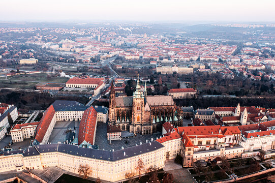 Aerial Sunrise view of Prague Castle and St. Vitus Cathedral.  Czech Republic