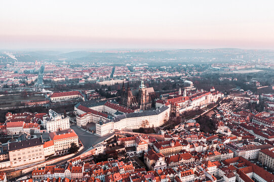 Aerial Sunrise view of Prague Castle and St. Vitus Cathedral.  Czech Republic