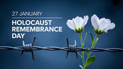 Holocaust remembrance day memorial with flowers and barbed wire

