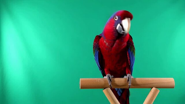 Vibrant red and blue parrot perched on wooden stand against green background