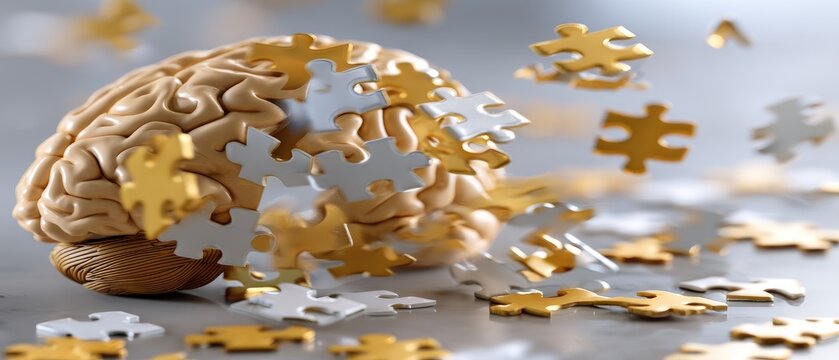 Human brain made of puzzle pieces with one piece swirling, showing the mind being reconstructed in a creative art style