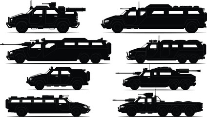 Military vehicle silhouette vector set, black side view illustrations, armored transport, tactical combat trucks, turret and gun-mounted icons © LITON