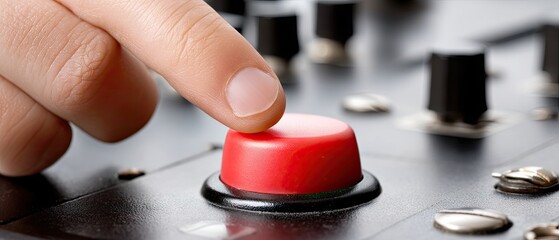 Close-up of a finger about to push a large red button on a metal control panel in a high-detail and realistic setting showing action in focus