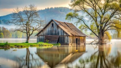 Obraz premium Serene sunrise over tranquil waters reflecting a weathered lakeside structure nestled amidst budding trees and gentle mist