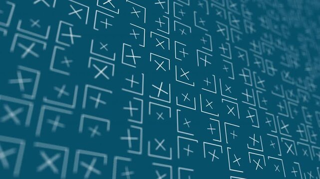 White mathematical symbols on a blue background pattern.