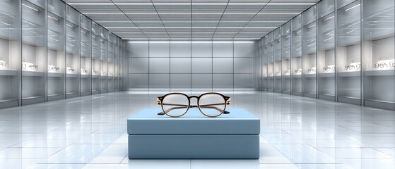 Minimalist room with white ceiling and led lighting, featuring a stylish box for glasses on a soft grey background