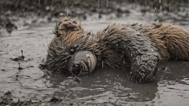 Wet brown plush toy bear lying in a muddy puddle during heavy rain. Concept of childhood abandonment and loss