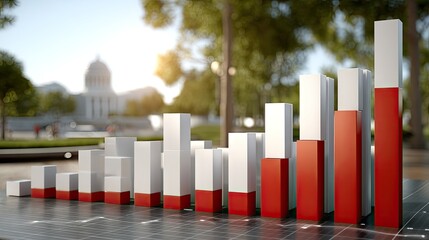Modern stock market graph with red and white bars in front of the U.S. Capitol building at sunset with a blurred background effect