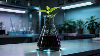 Biotech lab flask with glowing green plant growth