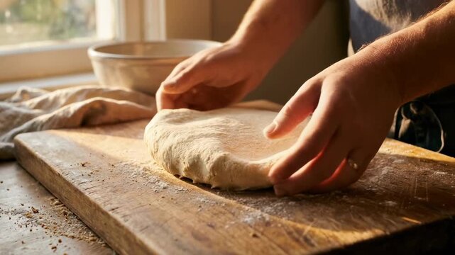 Hands kneading fresh dough on a wooden board, with natural light pouring in, creating a warm, inviting scene of home-baked goodness.