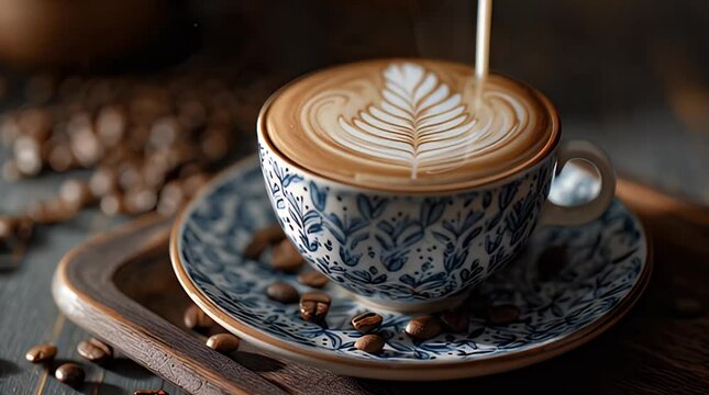 Close-Up Flat White with Latte Art and Scattered Coffee Beans