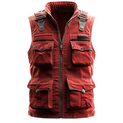 Front view of red color men&rsquo;s utility vest 3D render studio shot isolated on a white background