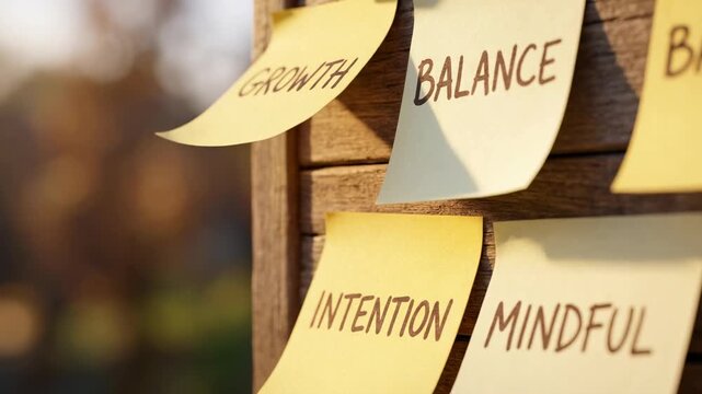 An evocative composition capturing the essence of mindfulness through sticky notes, each inscribed with aspirations for growth, balance, and intentional living.