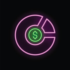 Obraz premium Glowing neon sign representing business statistics with a pie chart and a dollar coin inside it, on a dark background