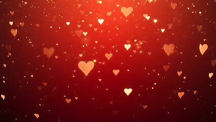 Romantic hearts falling on red background